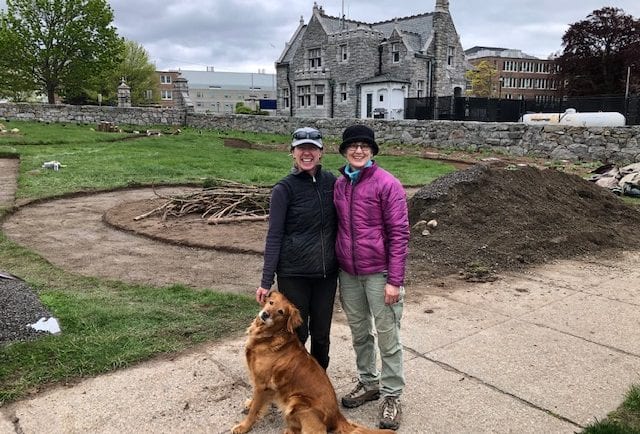 Annette, Mary and Luci—happy at the end of a chilly day, pathway aggregate tamped in the background